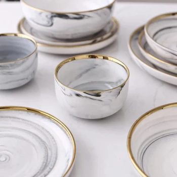 

Phnom Penh Marble Pattern Series Ceramic Bowl Dinner Rice Noodles Porcelain Plate Family Soup Tableware Set