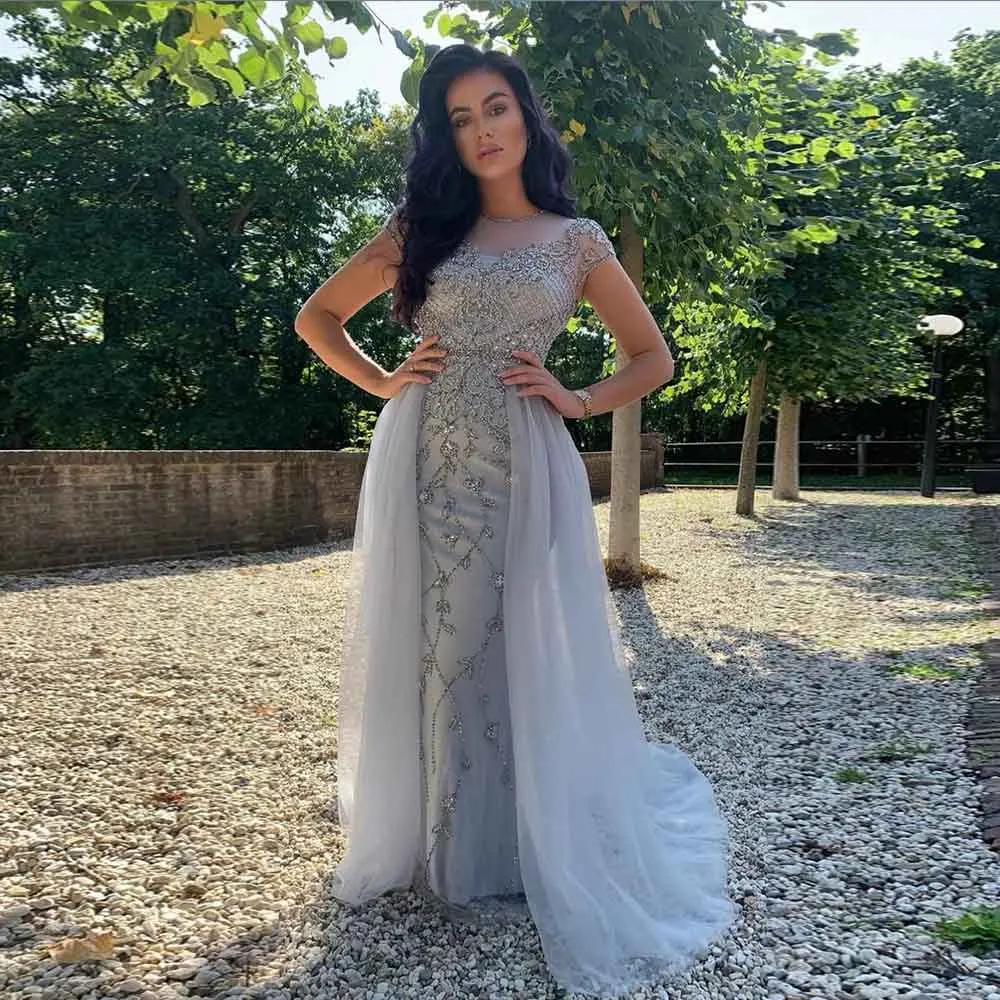 

YQLNNE 2020, элегантные вечерние платья с серебряными кристаллами и бусинами, тюлевые вечерние платья с длинным рукавом