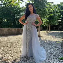 YQLNNE, элегантные вечерние платья с серебряными кристаллами и бусинами, тюлевые вечерние платья с длинным рукавом