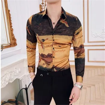 

New Pattern Black Gold Print Shirt Baroque Slim Fit Party Club Shirt Men Camisa Homem Man Shirt Camisa Masculina 2019 Clothes