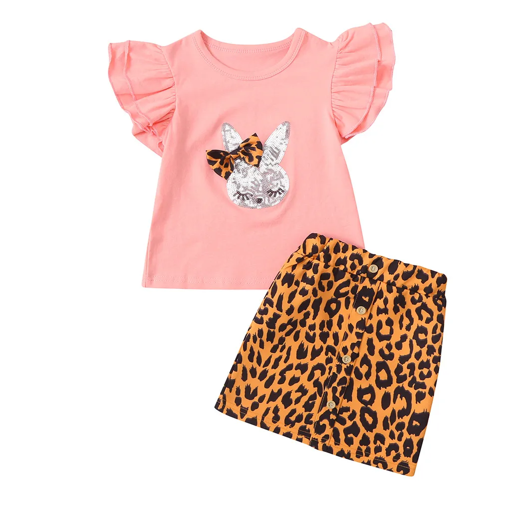 Summer KANCOOLD explosion models children flying sleeves leopard bow sequins rabbit T-shirt top + print skirt suit | Детская одежда и