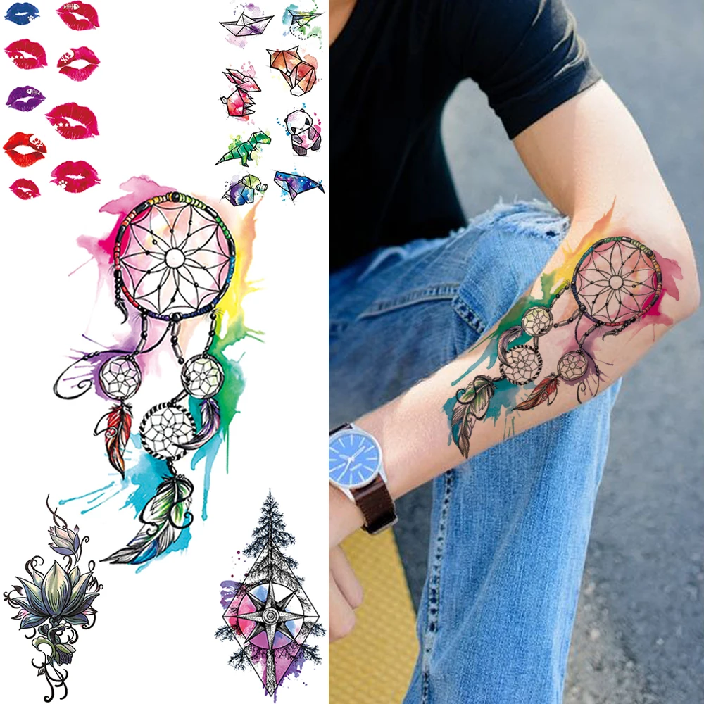 

Watercolor Dreamcatcher Temporary Tattoos For Kids Women Funny Animal Lips Tattoo Pine Tree Lotus Waterproof Tatoo Compass Hands