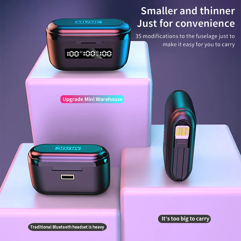 NEW TWS Sport Bluetooth 5.1 Wireless Earphones IPX5 Waterproof With Charging Cable at the Bottom 9D HD Touch Contorl Headset