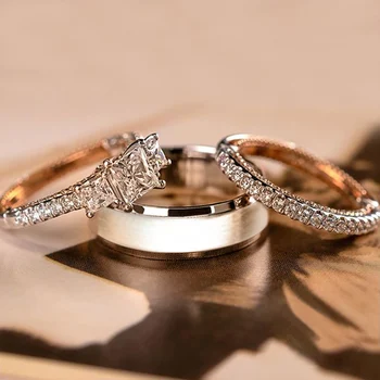 Huitan New Arrival Trendy 3Pcs/Set Women Rings Princess Cut Zircon Micro Paved Small Round CZ Stone Wedding & Engagement Jewelry