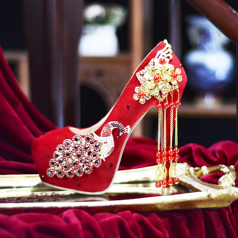 

Explosive Models Bridal Shoes Red Crystal Shoes Handmade High Heels Chinese Show He Hanfu Wedding Shoes Wedding Shoes