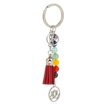 

Keychain Adorned with 7 Gemstone Chakra Beads Energy Stones Lotus Flower and Tassels Pendant Creative Gift for Friends
