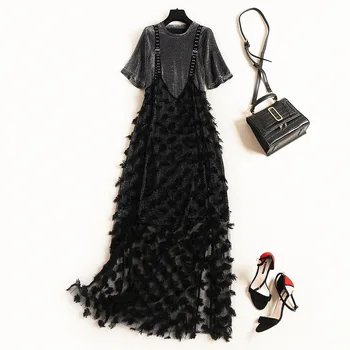 

2020 Spring And Summer Three-dimensional Decorative Dress Long T-shirt Mesh Gauze Strap Dress Female Two-piece Suit