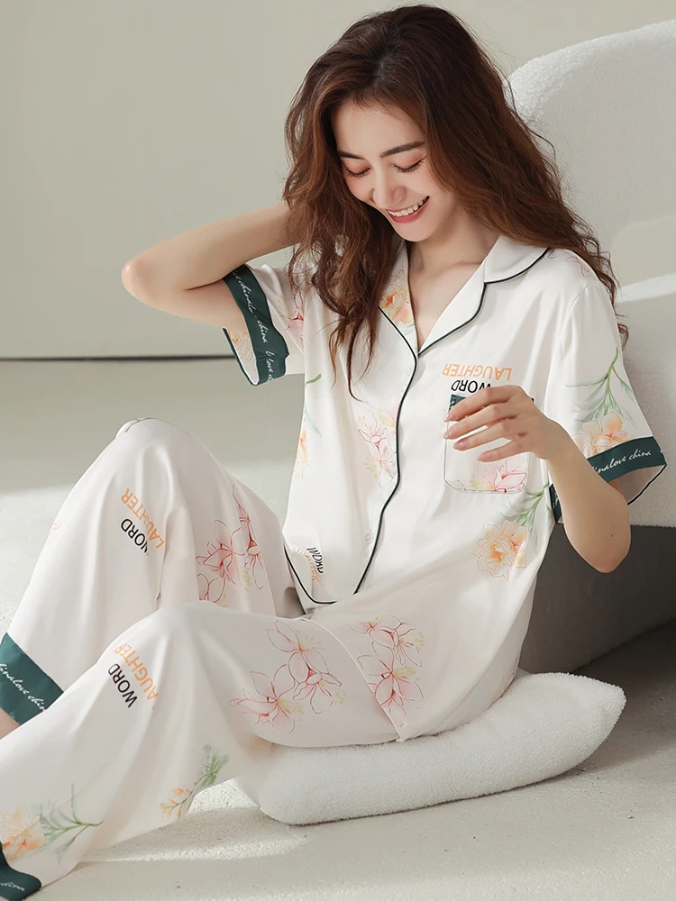 Summer Satin Pyjama Femme Print Home Cloth Satin Pajama Women Sleepwear Fashion Nightwear Thin Ice-silk Pijama Pj Set Loungewear