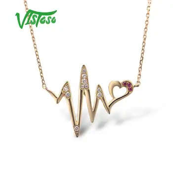 

VISTOSO 10K Yellow Gold Created White Sapphire Ruby Necklace For Lady Heartbeat Graph Engagement Anniversary Gift Fine Jewelry