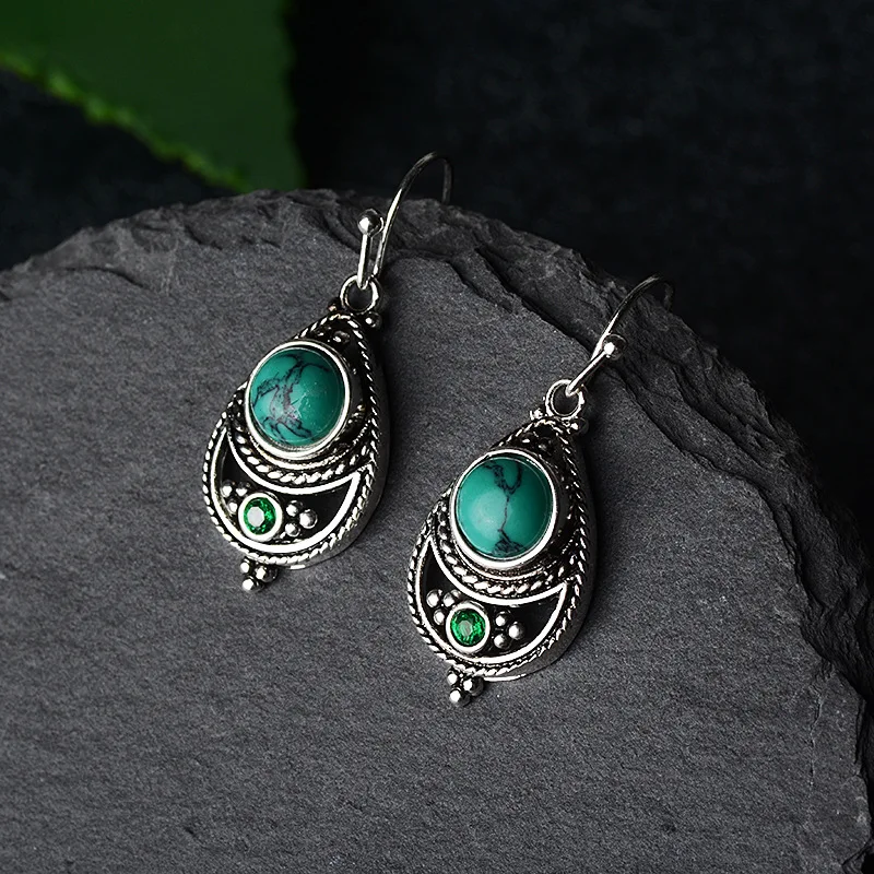 

Retro 925 Silver Color Turquoise Earring for Women Bohemian Green Gemstone Orecchini Turquoise Jewelry Bizuteria Garnet Earrings