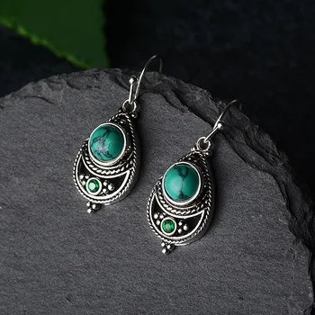 

Retro 925 Silver Color Turquoise Earring for Women Bohemian Green Gemstone Orecchini Turquoise Jewelry Bizuteria Garnet Earrings
