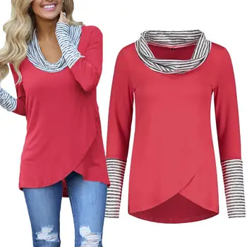 

Casual Women Autumn Stripes Stitching Long Sleeve O Neck Irregular Hem Blouse