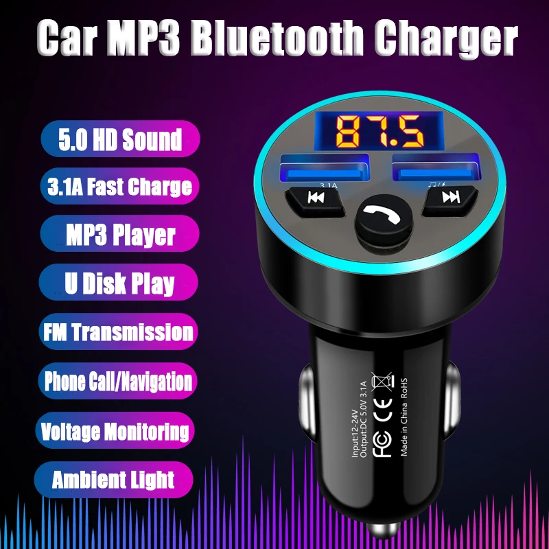 Bluetooth 5.0 USB Car Charger LED Car Kit FM Transmitter Modulator Car