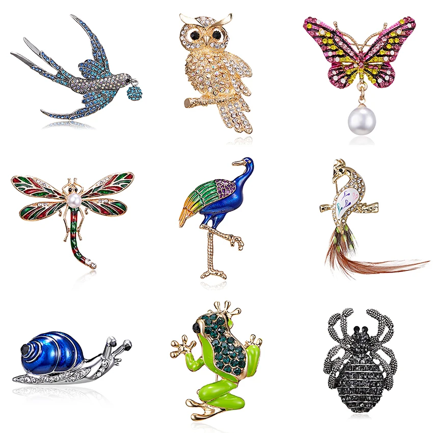 Vintage Bling Rhinestone Owl Butterfly Dragonfly Frog Bird Brooches Women Men's Collar Pins Corsage Animal Badges Jewelry Gift |