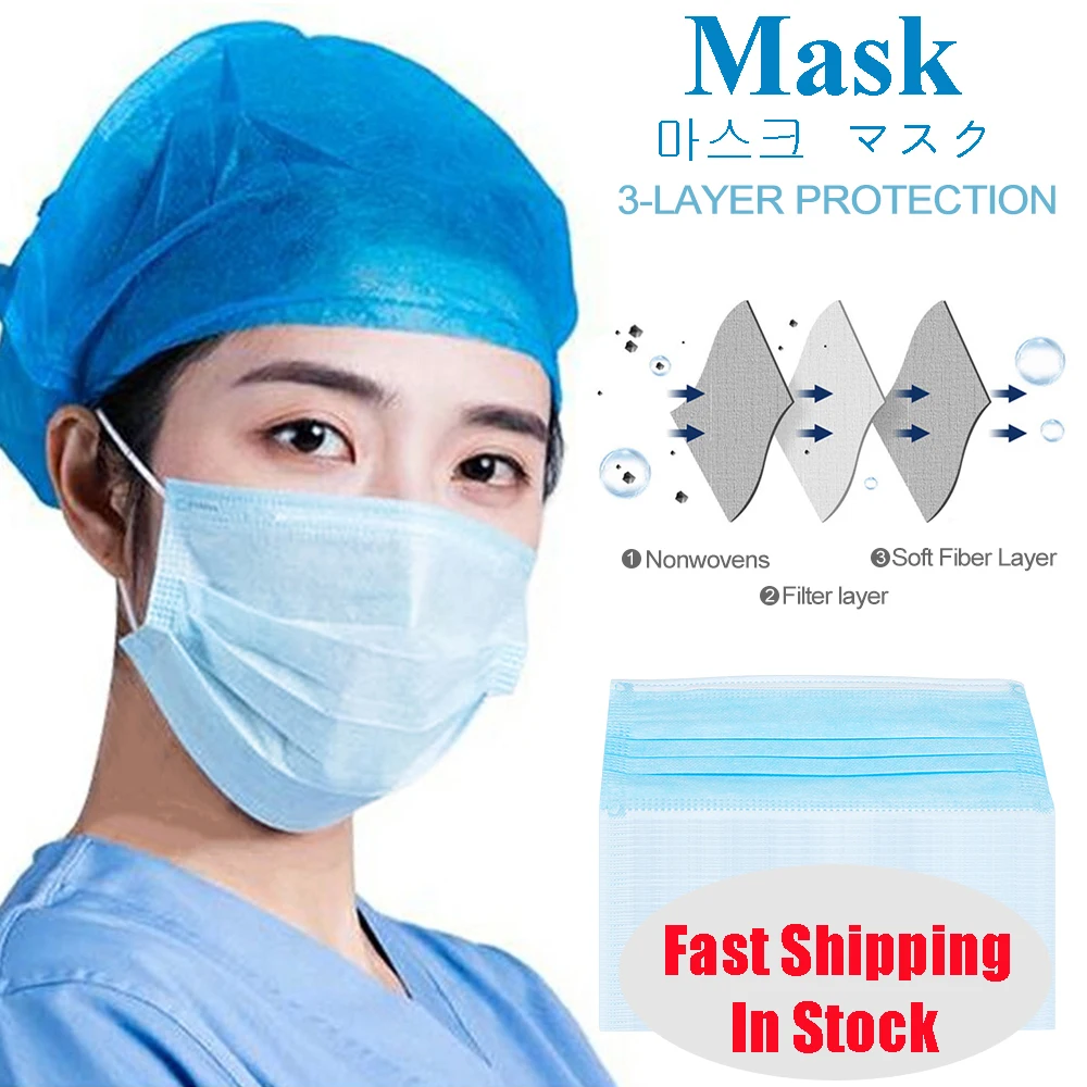 

IN STOCK Disposable 100/50 Pcs Anti-dust Safe and Breathable Masks Earloops Blue Nonwovens Face Mouth Mask Respirator Safety