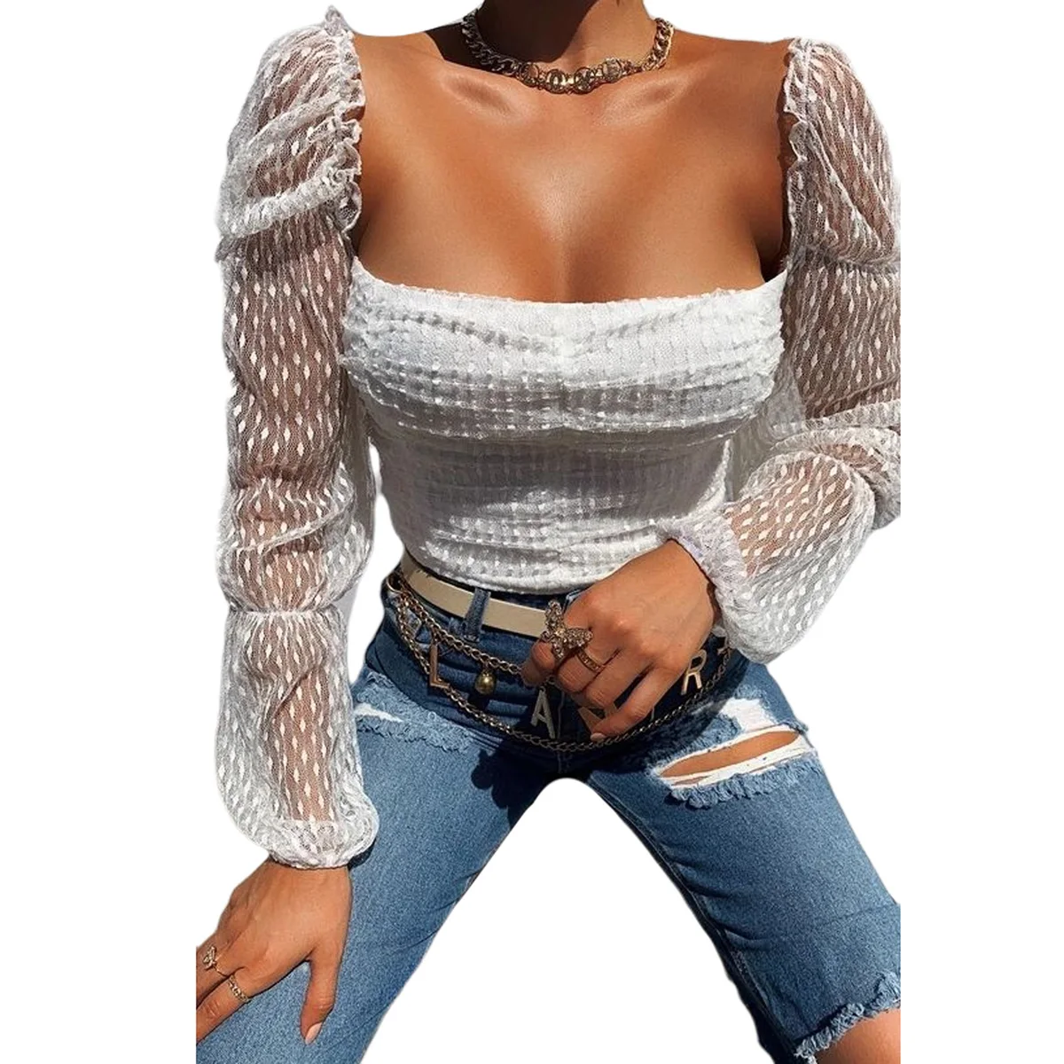

Ladies See Through Square Collar Elegant Blouses Puff Sleeve Solid Color Shirt Tops Ladies Casual Tops Streetwear Outfits