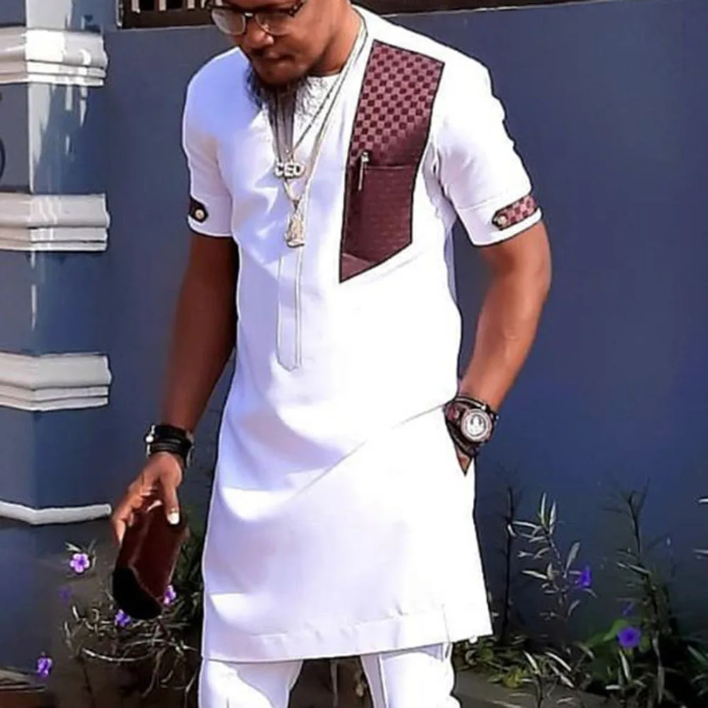 Islam Kaftan Men's Shirt 2021 Summer Long Sleeves O-Neck Color Block Mid-Length Ethnic Muslim Man Kurta European Clothing | Мужская