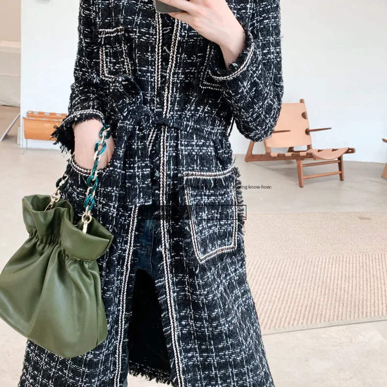 Autumn Winter Jacket Women Belt Pockets Casual Female Outwear Thin Black Checkered Tweed Plaid Long Loose Coat