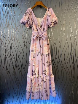 

Purple Long Dress 2020 Spring Summer Style Women V-Neck Charming Flower Print Puff Sleeve Sexy Long Party Maxi Dress Ladies