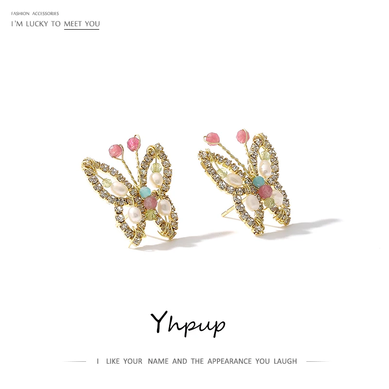 Yhpup серьги-гвоздики в виде бабочки, роскошные серьги из натурального жемчуга, стразы, милые модные ювелирные изделия для женщин, ювелирные изделия для вечеринок, подарок