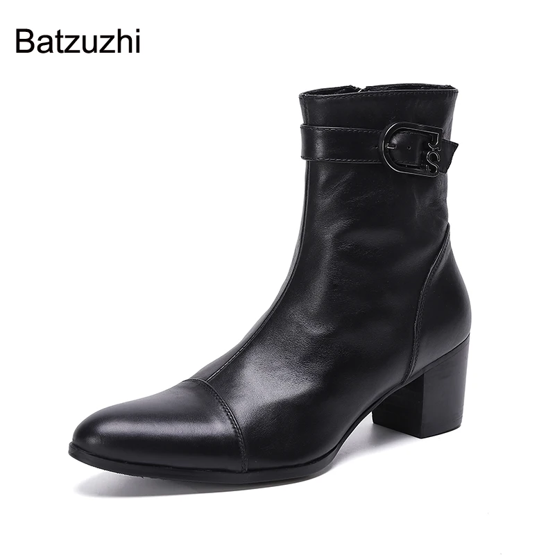 Batzuzhi 2021 Men Boots Pointed Toe Black Genuine Leather Ankle Boots Men Zip 7CM High Heels Handsome Botas Hombre Party/Wedding