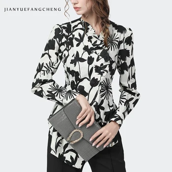 

100% Cotton Women' Shirt Fashion Lotus Printed Long Sleeve V-Neck Tops Elegant Slim Ruffles Ladies Office Tops And Blouses