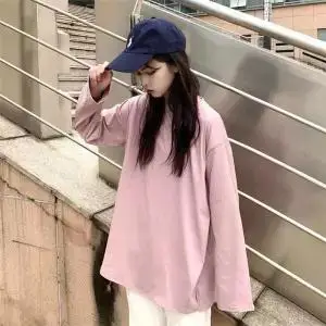 5 Корейская Ulzzang однотонная свободная футболка оверсайз Женская Повседневная футболка с длинным рукавом женский o-образный вырез пуловеры футболка модные свитера футболка - Цвет: 5