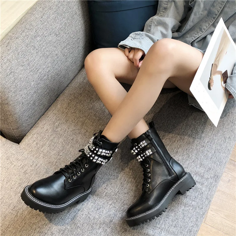 

YMECHIC Fashion 2019 Black Chunky Heel Ankle Combat Boots for Women Rivet Buckle Strap Studded Lace Up Womens Boots Autumn Shoes