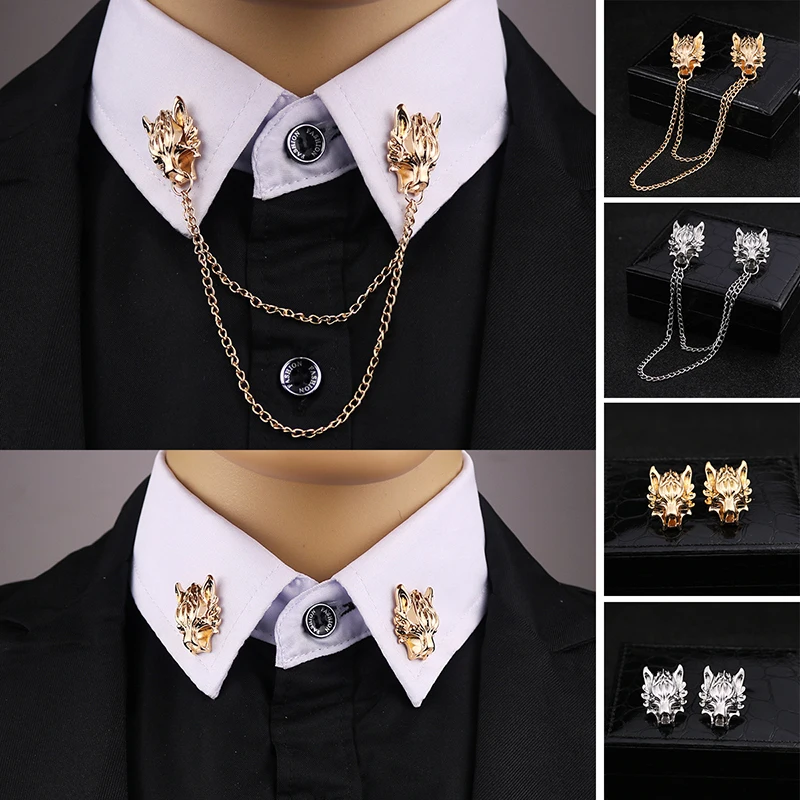 

Punk Chain Wolf Brooches Collar Pins Lapel Pin Brooch Tassel Chain Brooch Men 's Suit Decorated Wolf Head Shirt Accessories