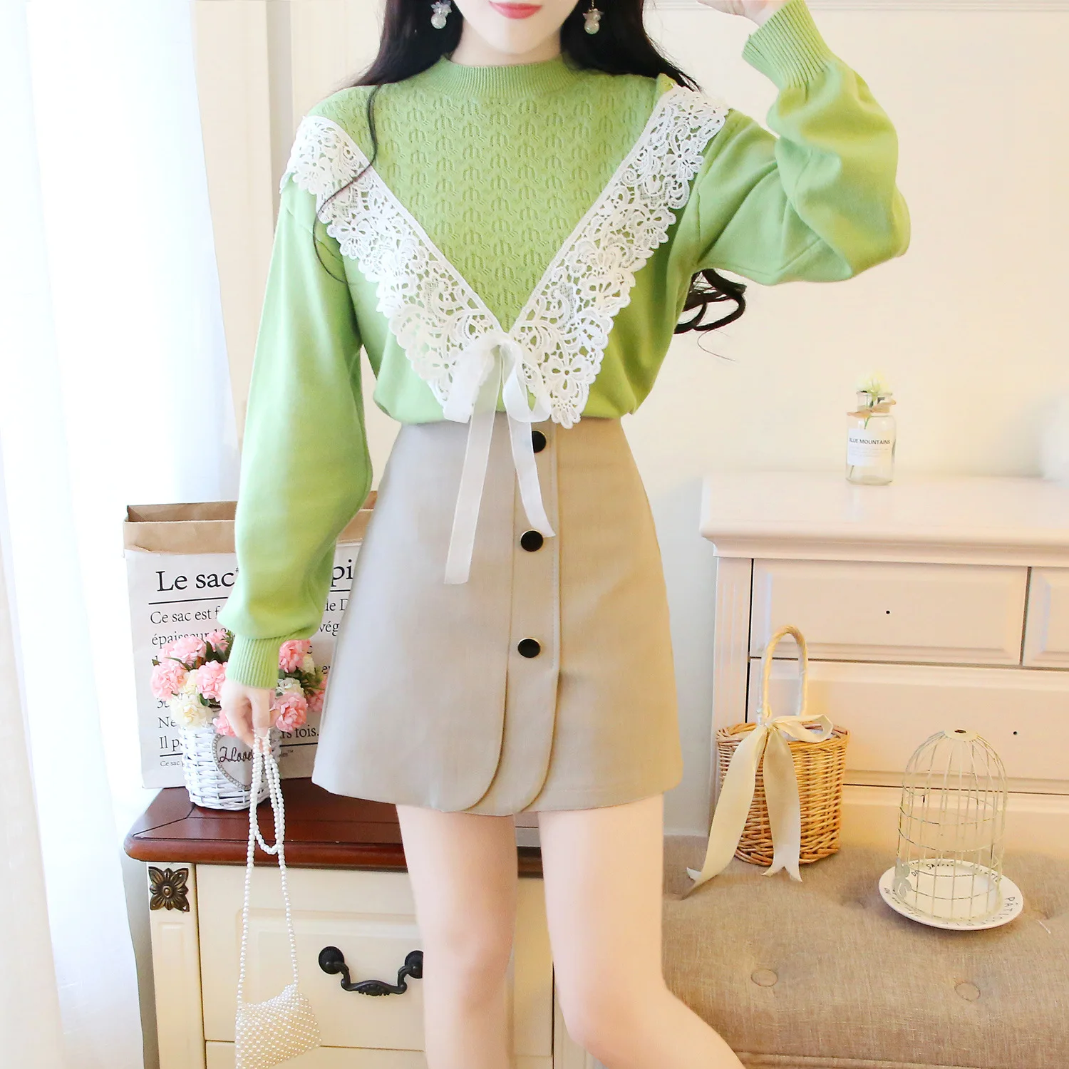 

Hipster Loose-Fit Pullover Sweater + Slimming Skirt A- line Skirt Set