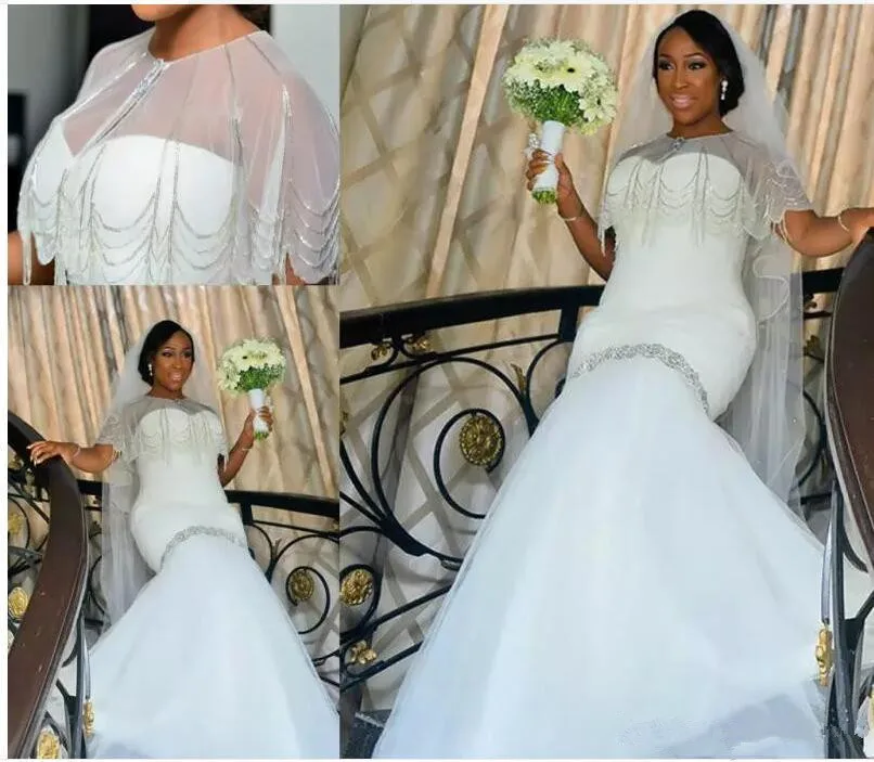 

New Arrival African Plus Size Mermaid Wedding Dresses With Wrap Sequins Applique Bridal Gown Train Church Bride Dress 2020