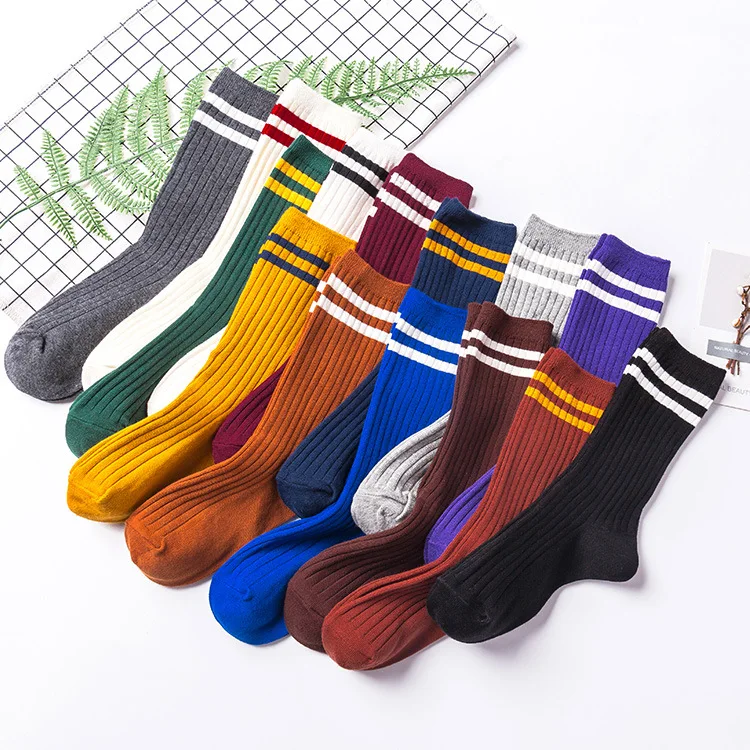 New Fashion Women's Long Socks Women Calf Length Striped Sock College Style Cotton Kawaii Cute White Purple Crew Socks Dropship adidas socks women