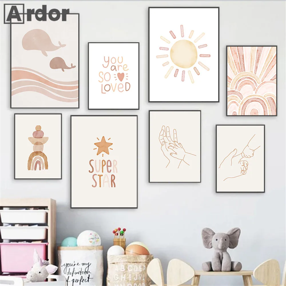 Abstract Line Baby Hands Poster Sun Star Rainbow Wall Art Print Boho Canvas Painting Whale Nursery Pictures Kids Room Decor | Дом и сад
