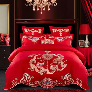 

4/7Pcs Queen King size Red Wedding Bedding Sets Oriental Embroidery Duvet cover Bed set Bed Sheet Flat sheet set Pillow shams