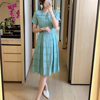 

Designer Ethnic Style Embroidery Hollow Stitching Short Sleeves Slim Temperament Mid-Length Dress High-Quality Women'S Clothing