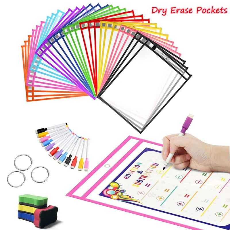 Dry Erase File Resuable holder Pocket Reusable Kid Write Wipe Tool Pocket pen 