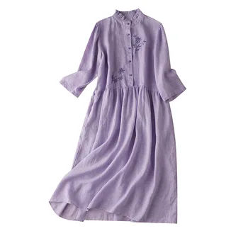 

Chinese Style Linen Embroidery Dress with Three Quarter Sleeve Ankle-Length O-Neck Elegant Dresses for Women Cloting 2020