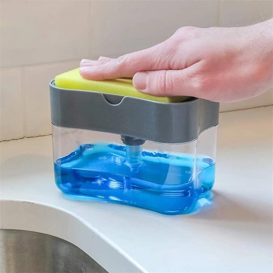 

Soap Pump Dispenser with Sponge Holder Cleaning Liquid Dispenser Container Manual Press Soap Organizer Kitchen Cleaner Tool