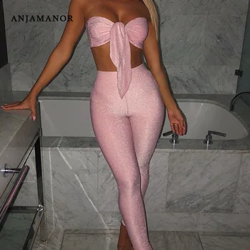 

ANJAMANOR Sexy Glitter Leggings Clubwear Pencil Pants Women Skinny High Waisted Trousers Party Bottoms Womens 2020 D92-AA44