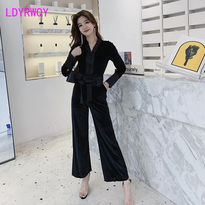 

2019 winter new waist sexy gold velvet wide leg jumpsuit was thin temperament