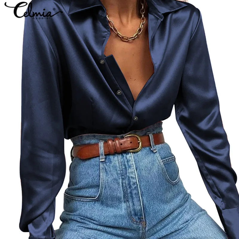 Tunic Tops Shirts Blouses Satin Blusas Celmia Long-Sleeve Elegan Women Office Buttons