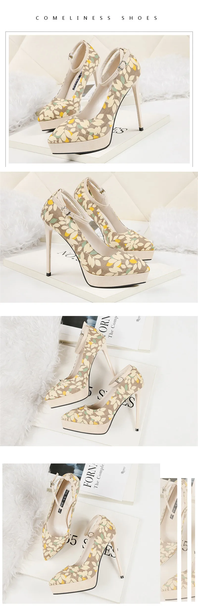 Sexy Pointed Toe High-heeled Pumps Shoes Women Ankle Strap Platform Stiletto Ladies High Heels Print Women's Wedding Dress Shoes (4)