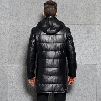 

Business Man Winter Outwear Long Down Jacket Parka Hooded Windbreaker Genuine Leather Overcoats Mens Office Work Trench Coats