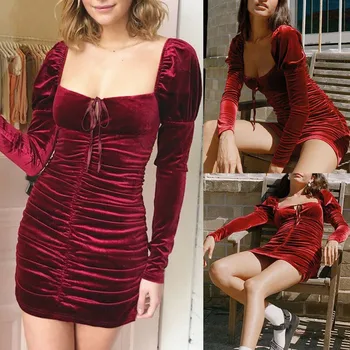 

Fashion Women Long Sleeve Square Neck Evening Party Bandage Short Mini Dresses Dropshipping Winter 2020 Fashion Work clothes