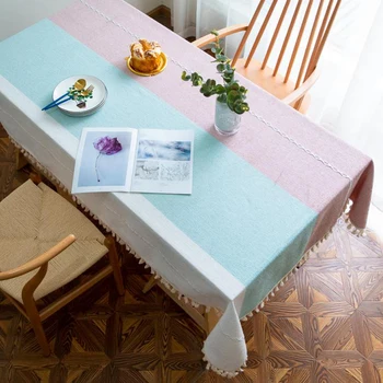 

Withme Rectangular Tablecloth Blue Pink Polyester cotton Solid Tassel Dustproof Dining room Kitchen Pattern Textile Table Covers