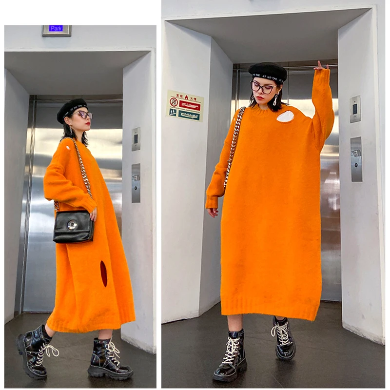 [EAM] Women Hollow Out Big Size Knitted Dress New Round Neck Long Sleeve Loose Fit Fashion Tide Spring Autumn 19A-a400
