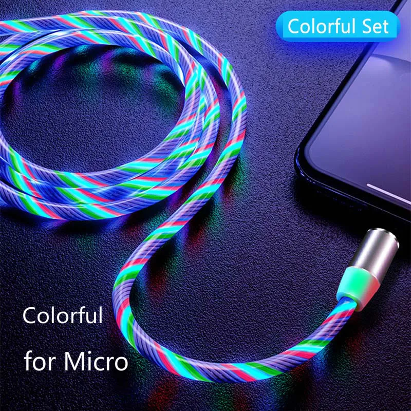 LED Lighting Magnetic USB Cable Flow Luminous Phone Cable for iPhone Type C Micro Data Wire for Apple Samaung Huawei Micro Kable - Цвет: Colorful for Micro