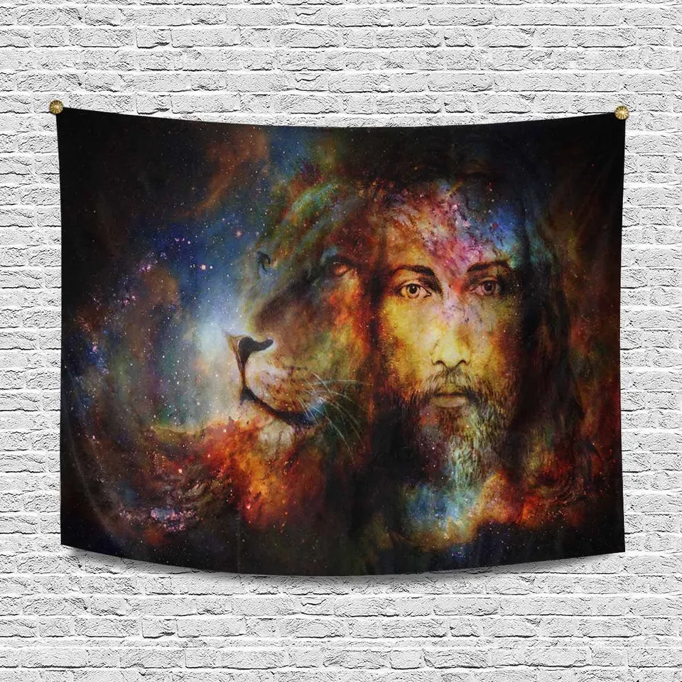 Blessed Jesus With A Lion In Cosimc Space Cotton Linen Tapestry Wall Art Decorative Tapestries Aliexpress