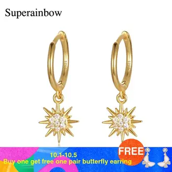 

SUPERAINBOW 925 Sterling Silver Statement Round Pendant Hoop Earrings Gold Circle Sun Pettern Jewelry Wedding Gift SR-E229