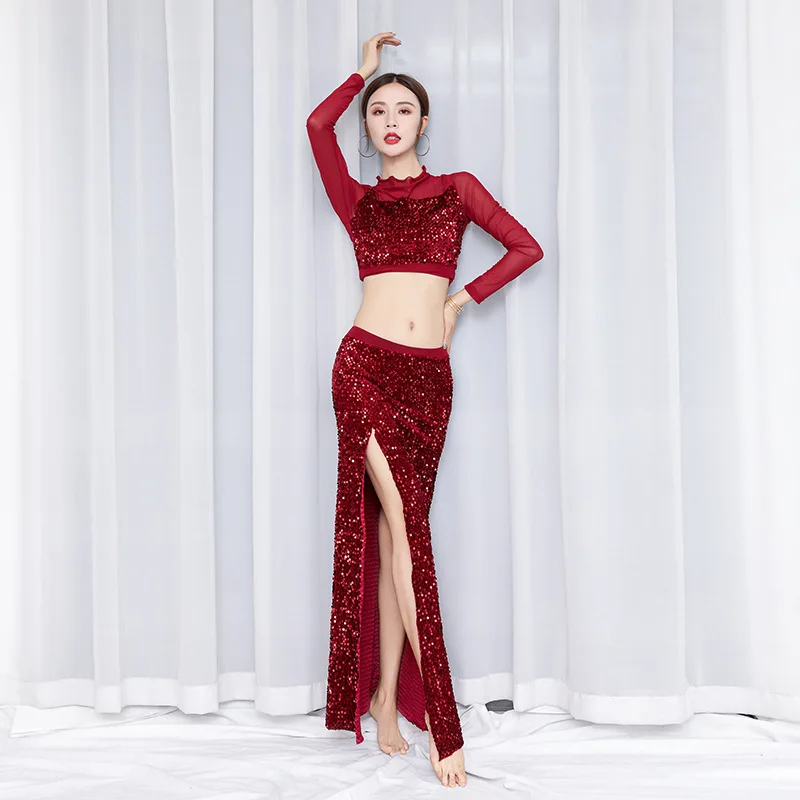 Belly Dance Costume For Women Oriental Bellydance Practice Clothes Sequined Sexy Split Dancing Dress 2-piece Set Girls Dancewear